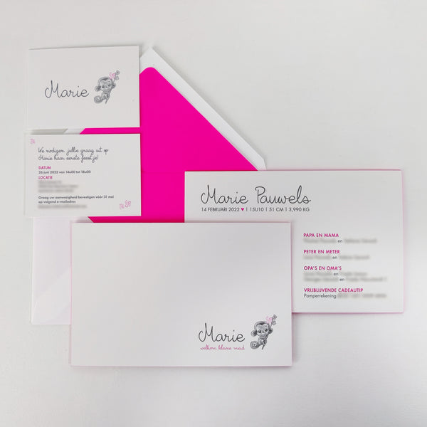 Geboortekaart Marie fluo roze
