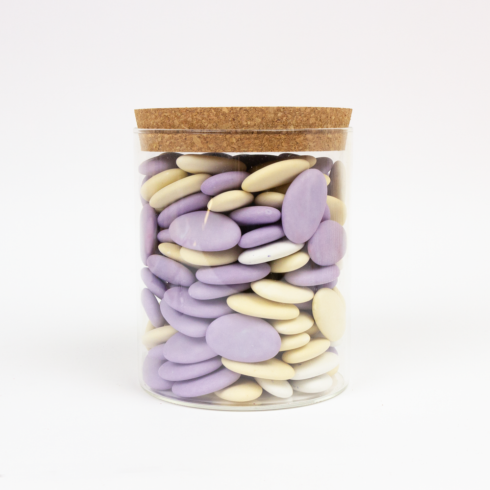 Glazen uitdeelpot met kurkstop en gravering