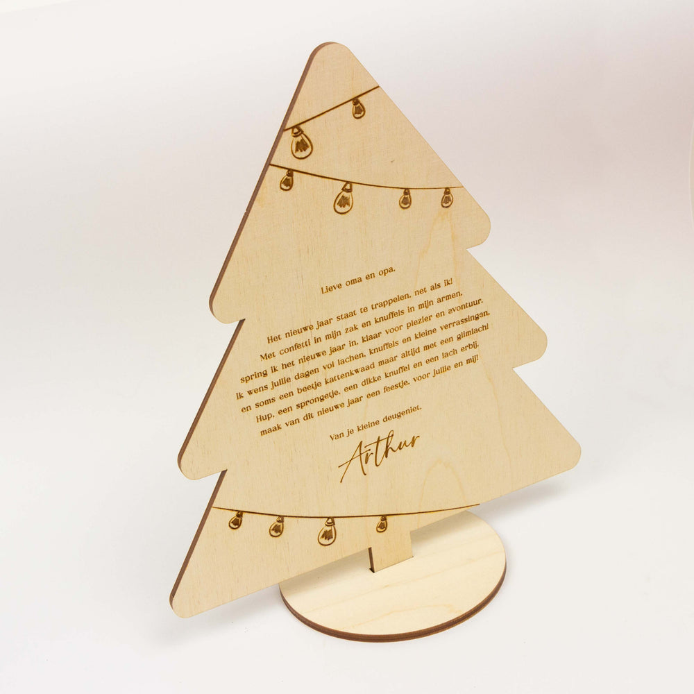 Houten nieuwjaarsbrief kerstboom