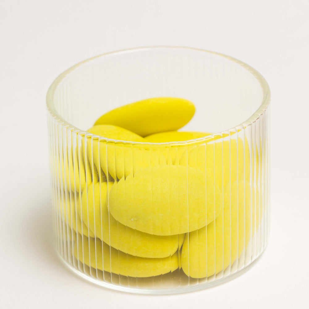Glazen fijn geribbeld potje met houten deksel